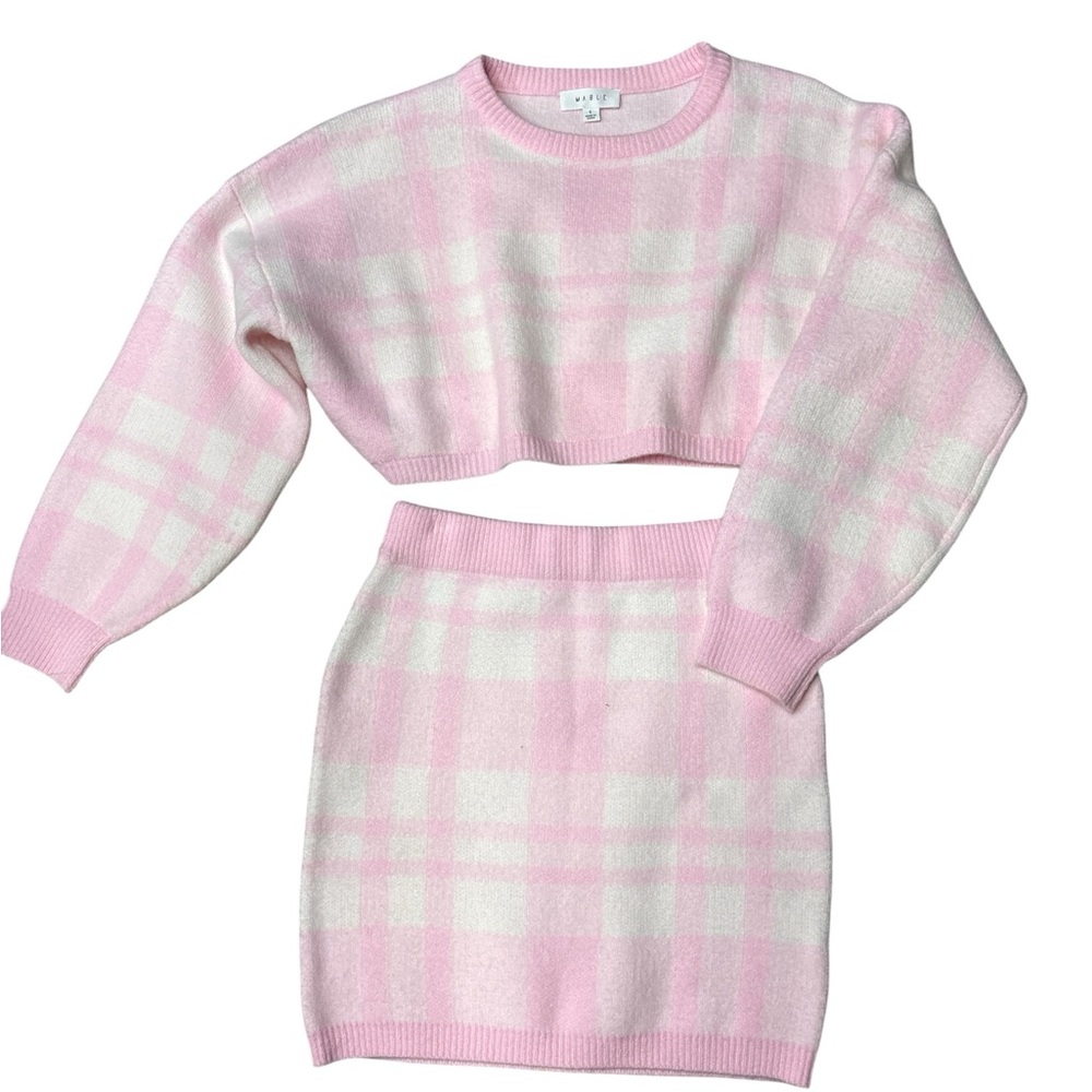 Mable Anthropologie Pink Plaid Sweater Skirt Set Cropped Preppy Chic Size Small - Picture 4 of 6